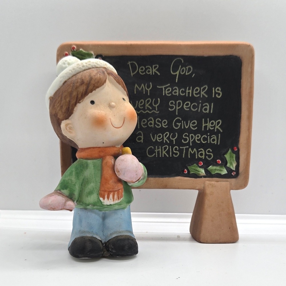 Vintage 1983 Enesco Dear God Kids Teacher Christmas Figurine Chalkboard